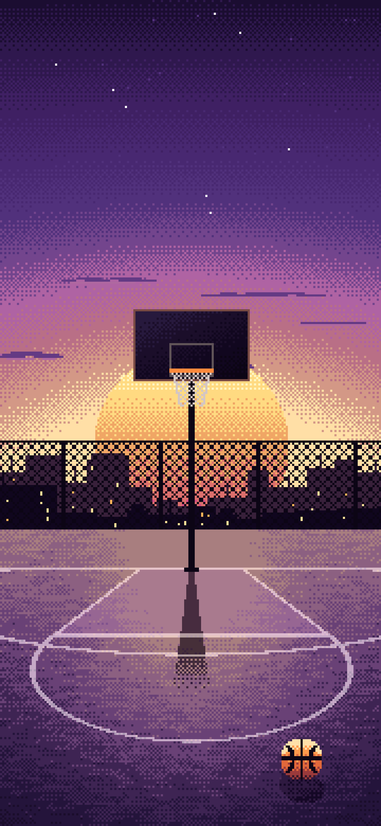 Dark Purple Pixel Art Basketball Court at Sunset wallpaper for iPhone and Android