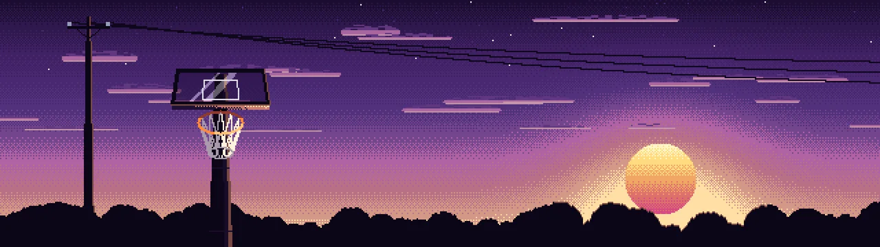 Dark Purple Pixel Art Basketball Hoop at Sunset dual monitor wallpaper, 7680 × 2160