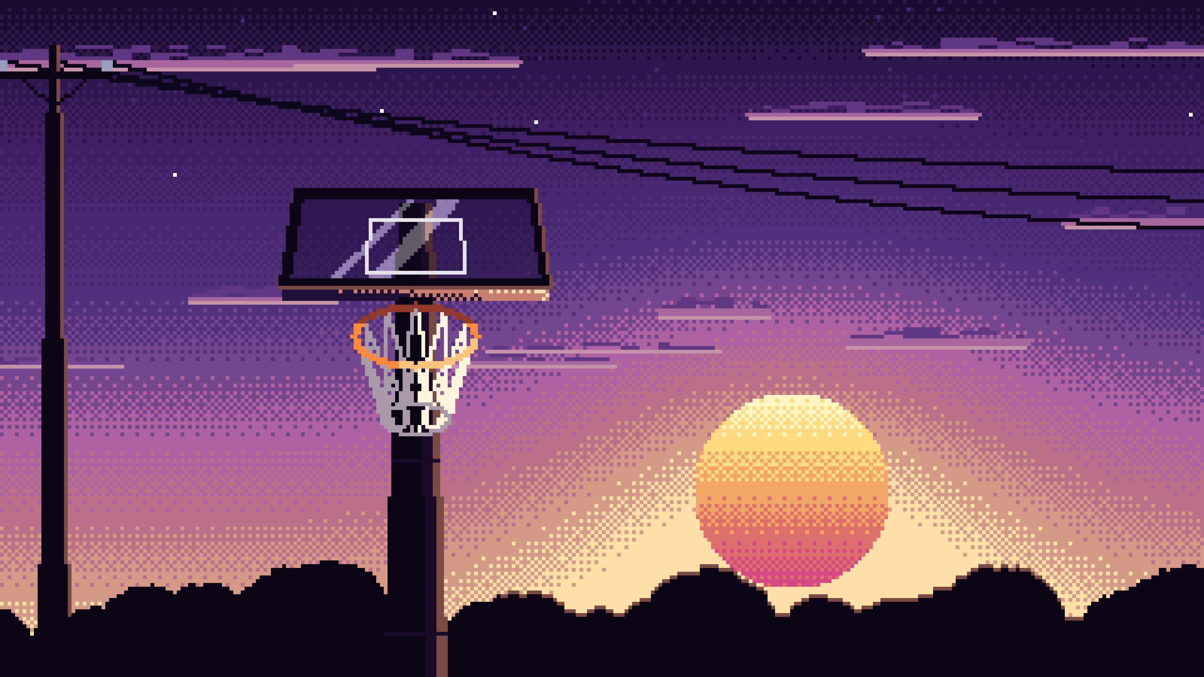 Dark Purple Pixel Art Basketball Hoop at Sunset desktop wallpaper in 4K