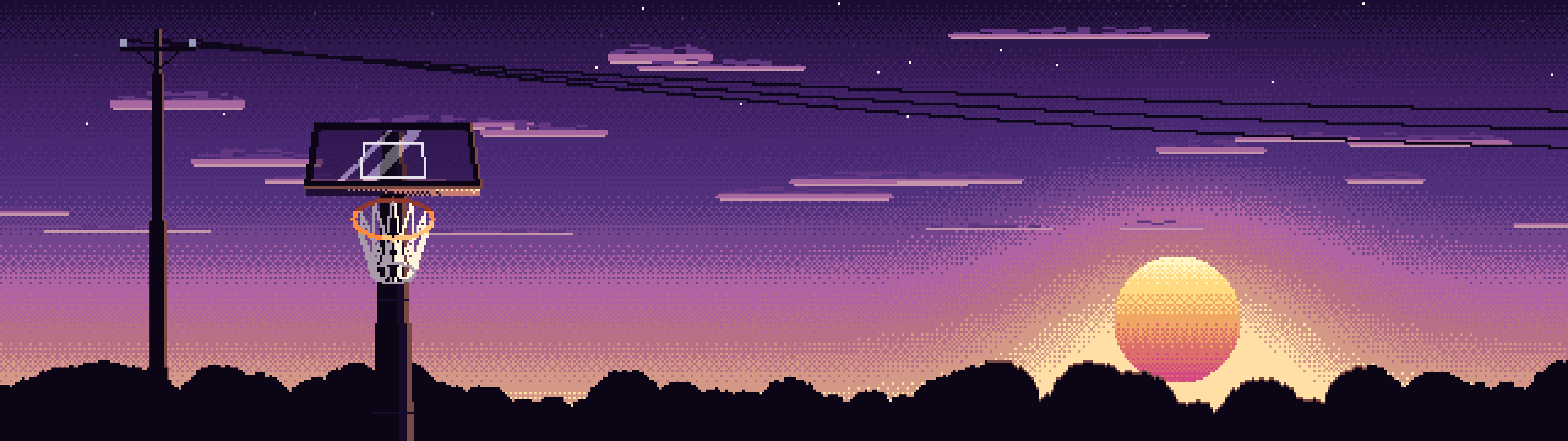 Dark Purple Pixel Art Basketball Hoop at Sunset dual monitor wallpaper, 7680 × 2160