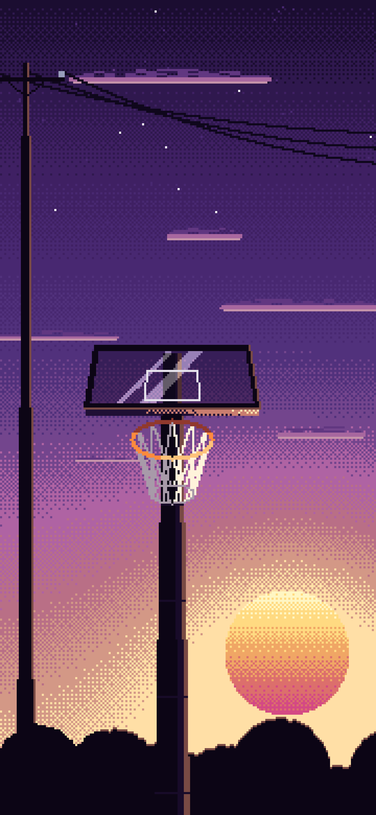 Dark Purple Pixel Art Basketball Hoop at Sunset wallpaper for iPhone and Android