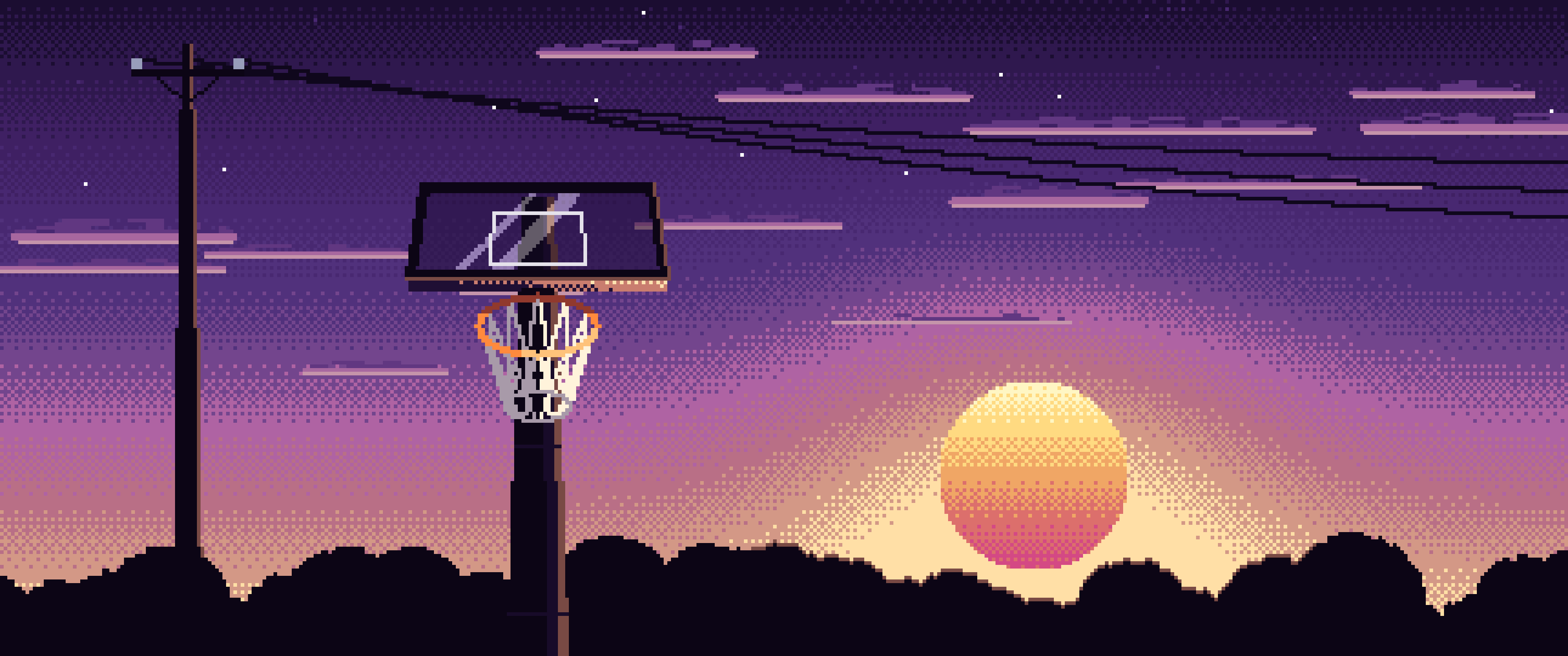 Dark Purple Pixel Art Basketball Hoop at Sunset ultrawide wallpaper, 3440 × 1440