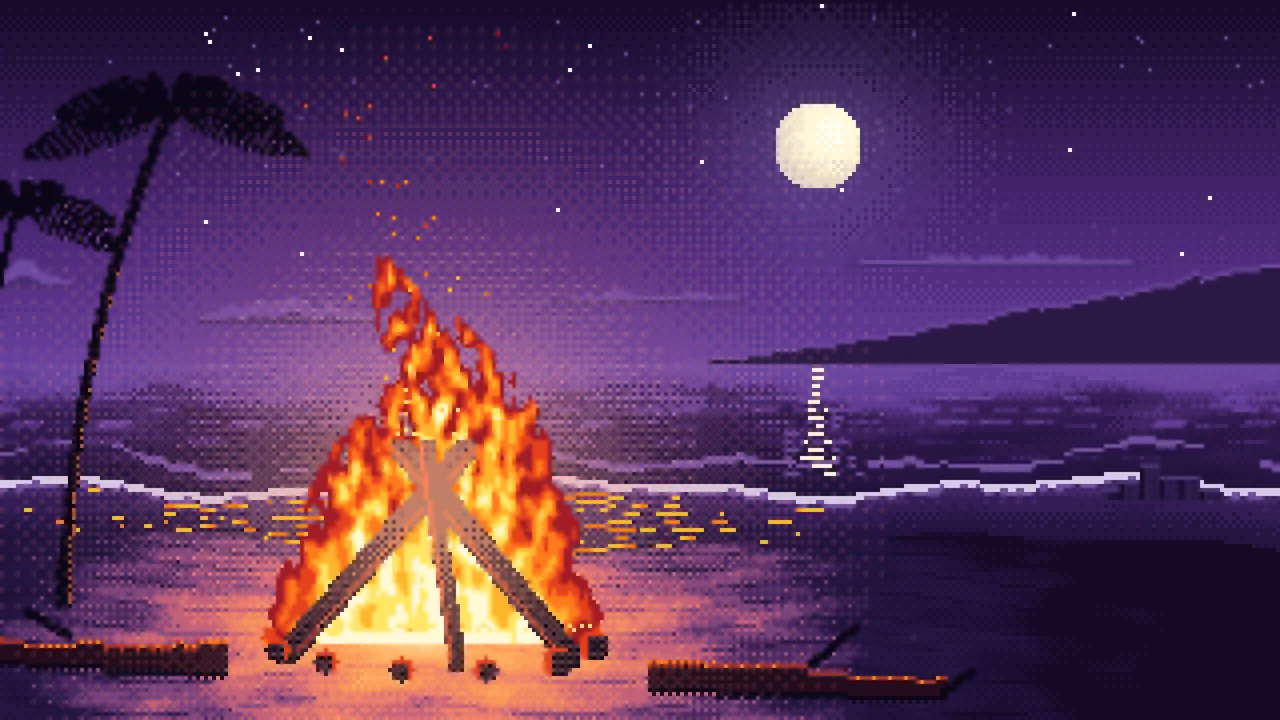 Dark Purple Pixel Art Beach Bonfire at Night desktop wallpaper in 4K