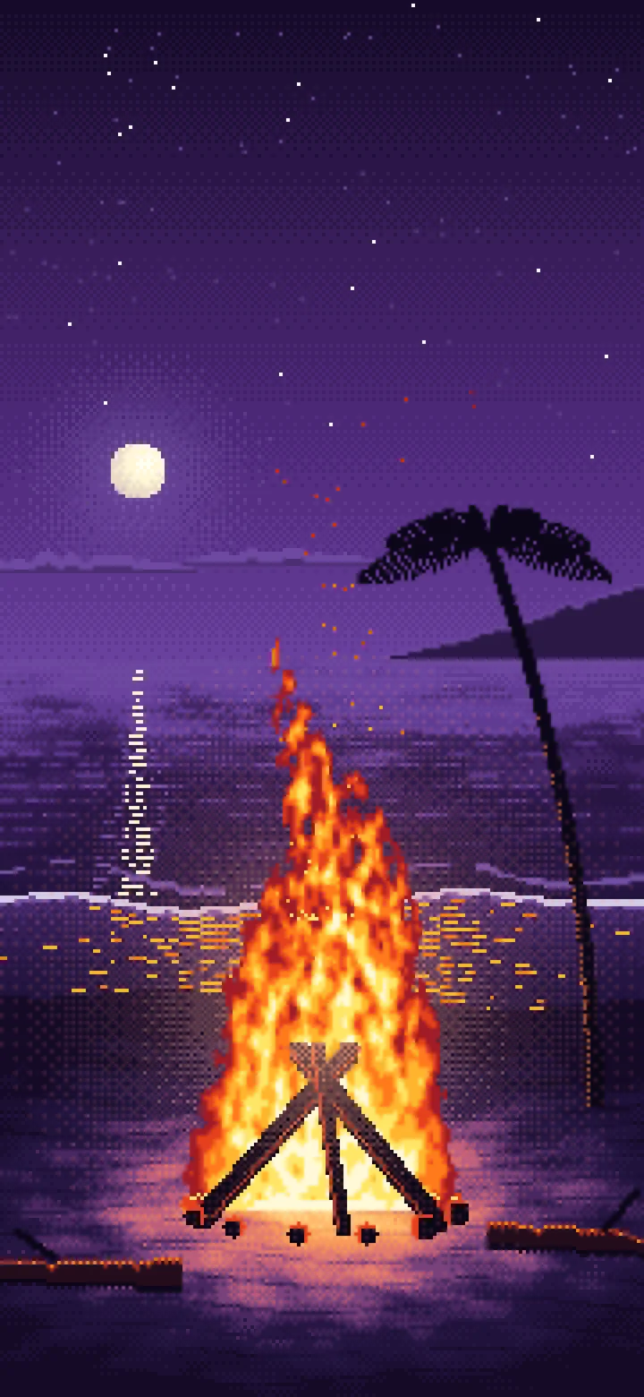 Dark Purple Pixel Art Beach Bonfire at Night wallpaper for iPhone and Android