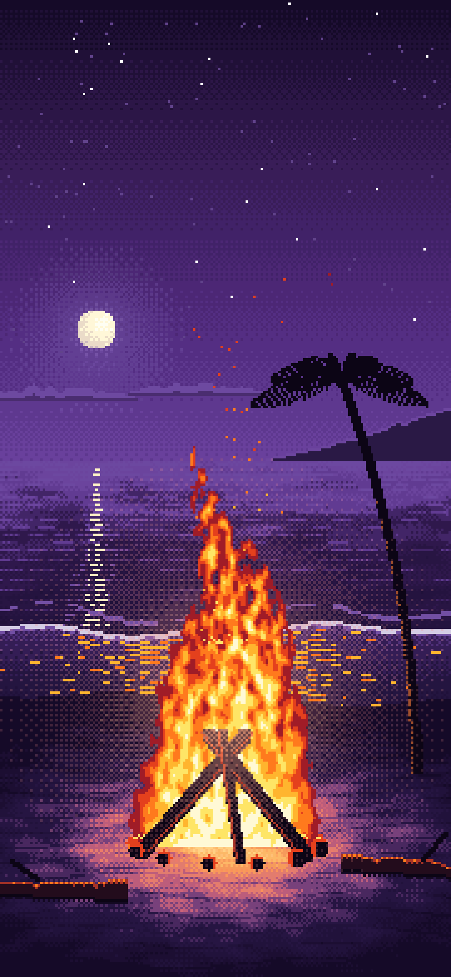 Dark Purple Pixel Art Beach Bonfire at Night wallpaper for iPhone and Android