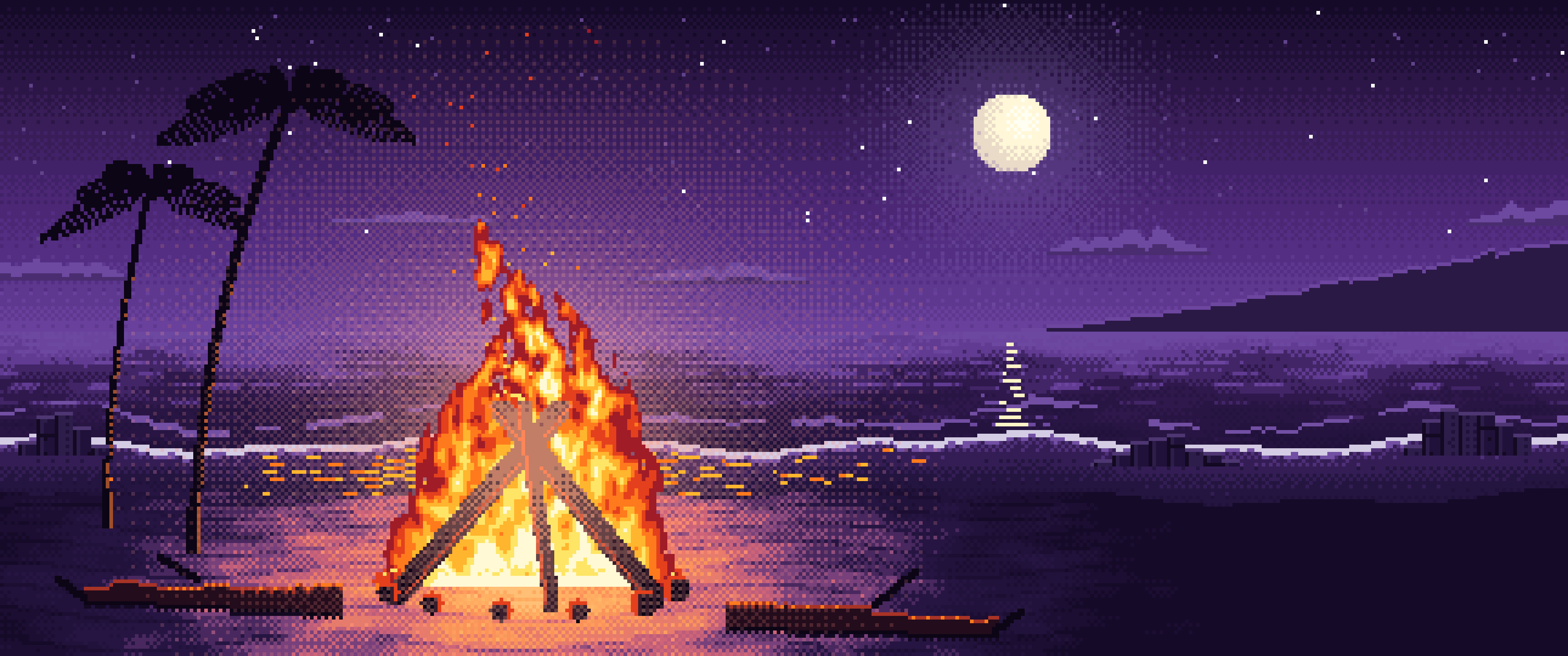 Dark Purple Pixel Art Beach Bonfire at Night ultrawide wallpaper, 3440 × 1440