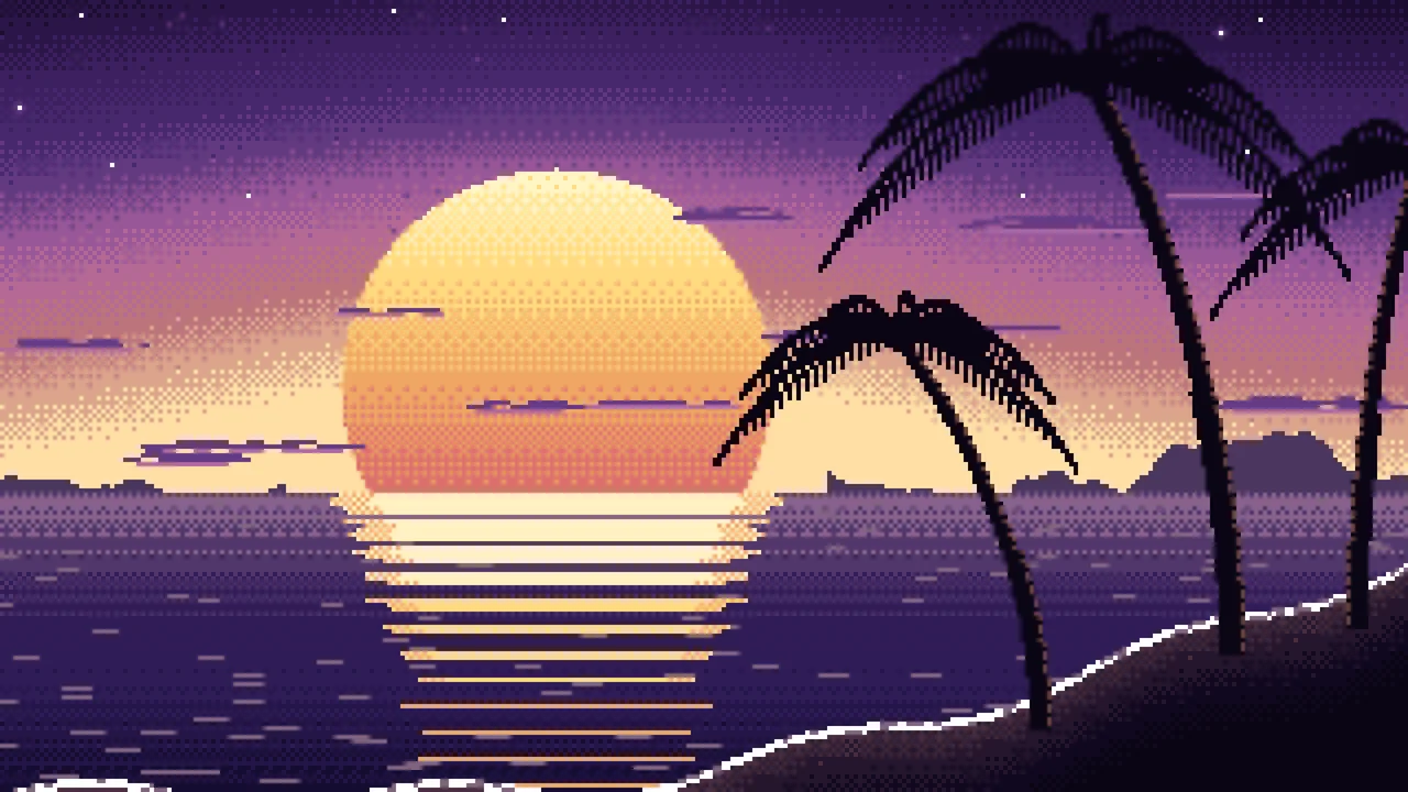 Dark Purple Pixel Art Beach Sunset desktop wallpaper in 4K