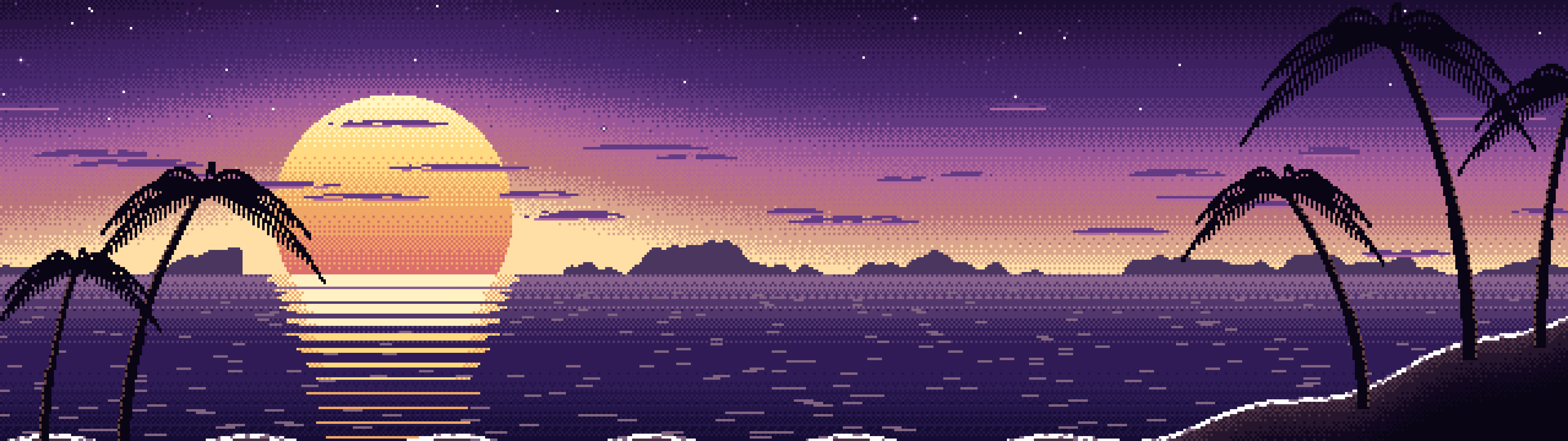 Dark Purple Pixel Art Beach Sunset dual monitor wallpaper, 7680 × 2160