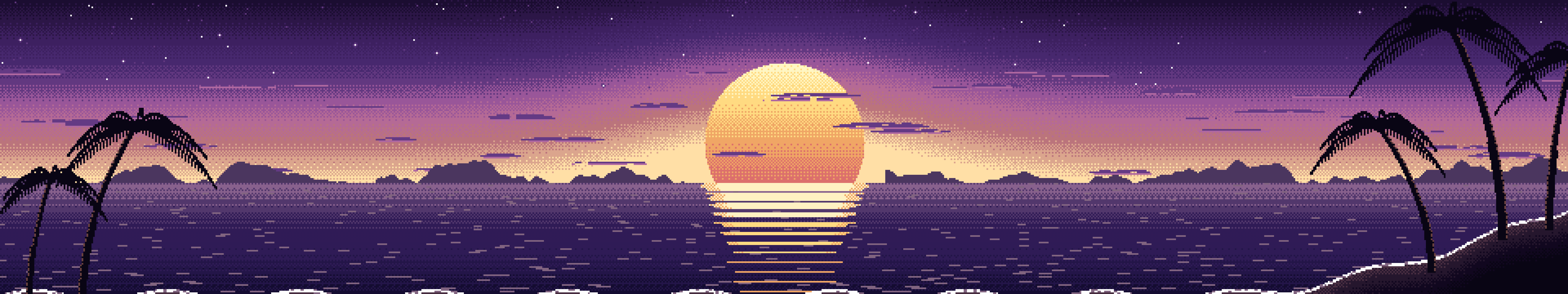 Dark Purple Pixel Art Beach Sunset triple monitor wallpaper, 7680 × 1440