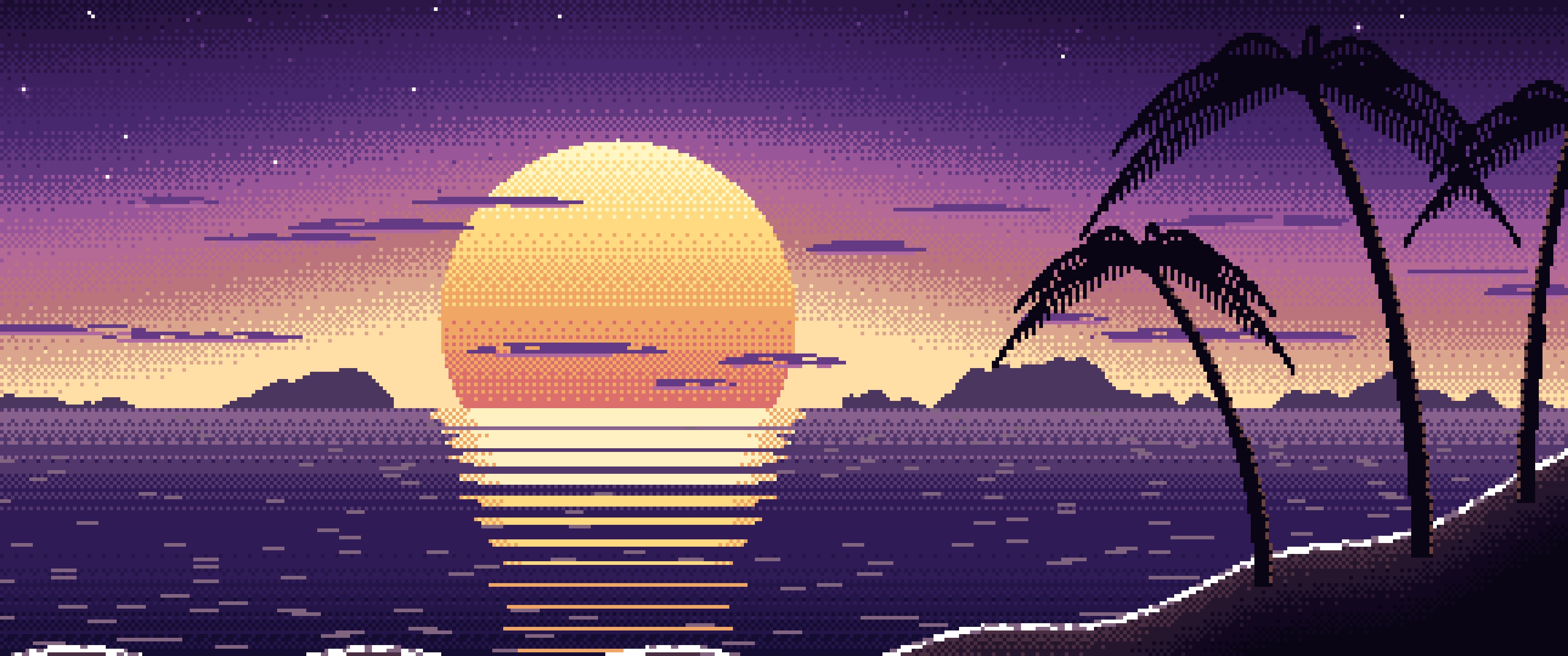 Dark Purple Pixel Art Beach Sunset ultrawide wallpaper, 3440 × 1440