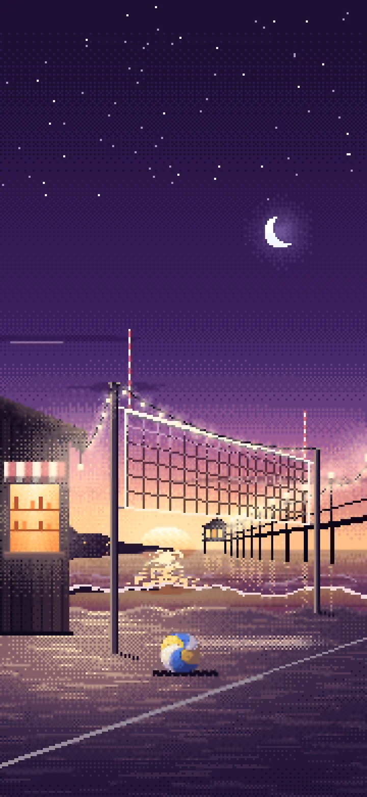 Dark Purple Pixel Art Beach Volleyball by a Pier at Dusk wallpaper for iPhone and Android