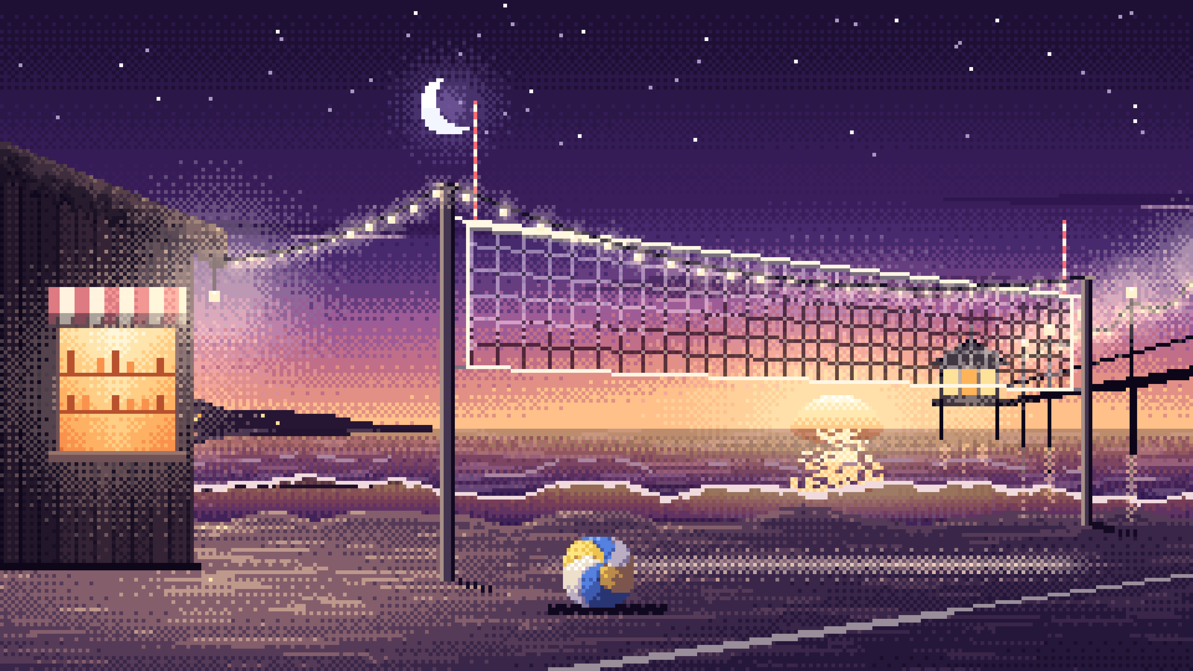 Dark Purple Pixel Art Beach Volleyball by a Pier at Dusk desktop wallpaper in 4K