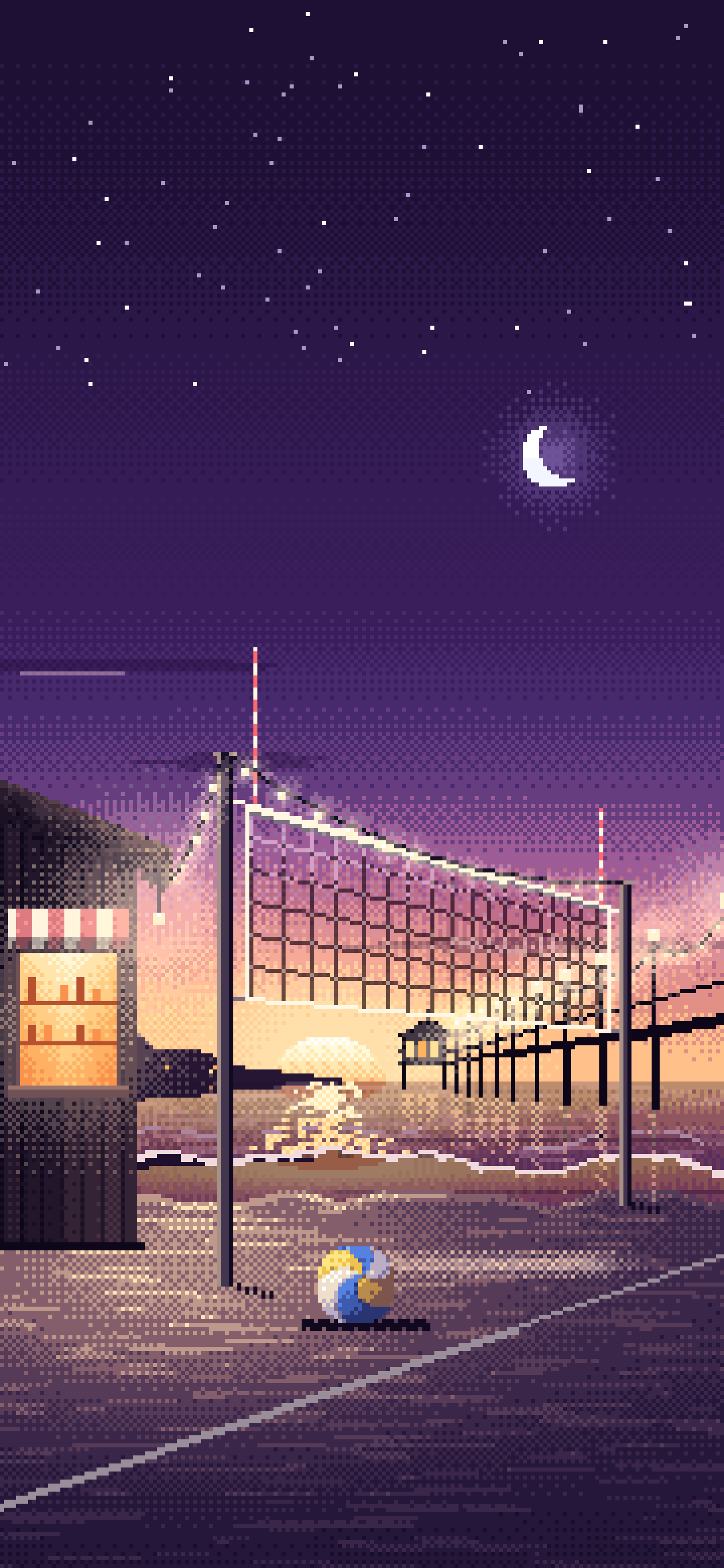Dark Purple Pixel Art Beach Volleyball by a Pier at Dusk wallpaper for iPhone and Android