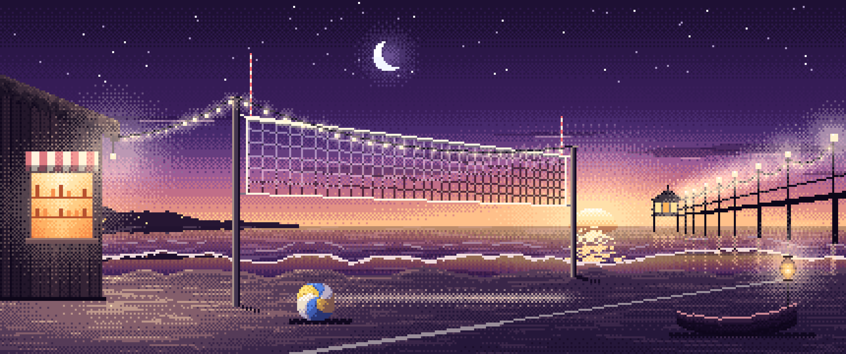 Dark Purple Pixel Art Beach Volleyball by a Pier at Dusk ultrawide wallpaper, 3440 × 1440