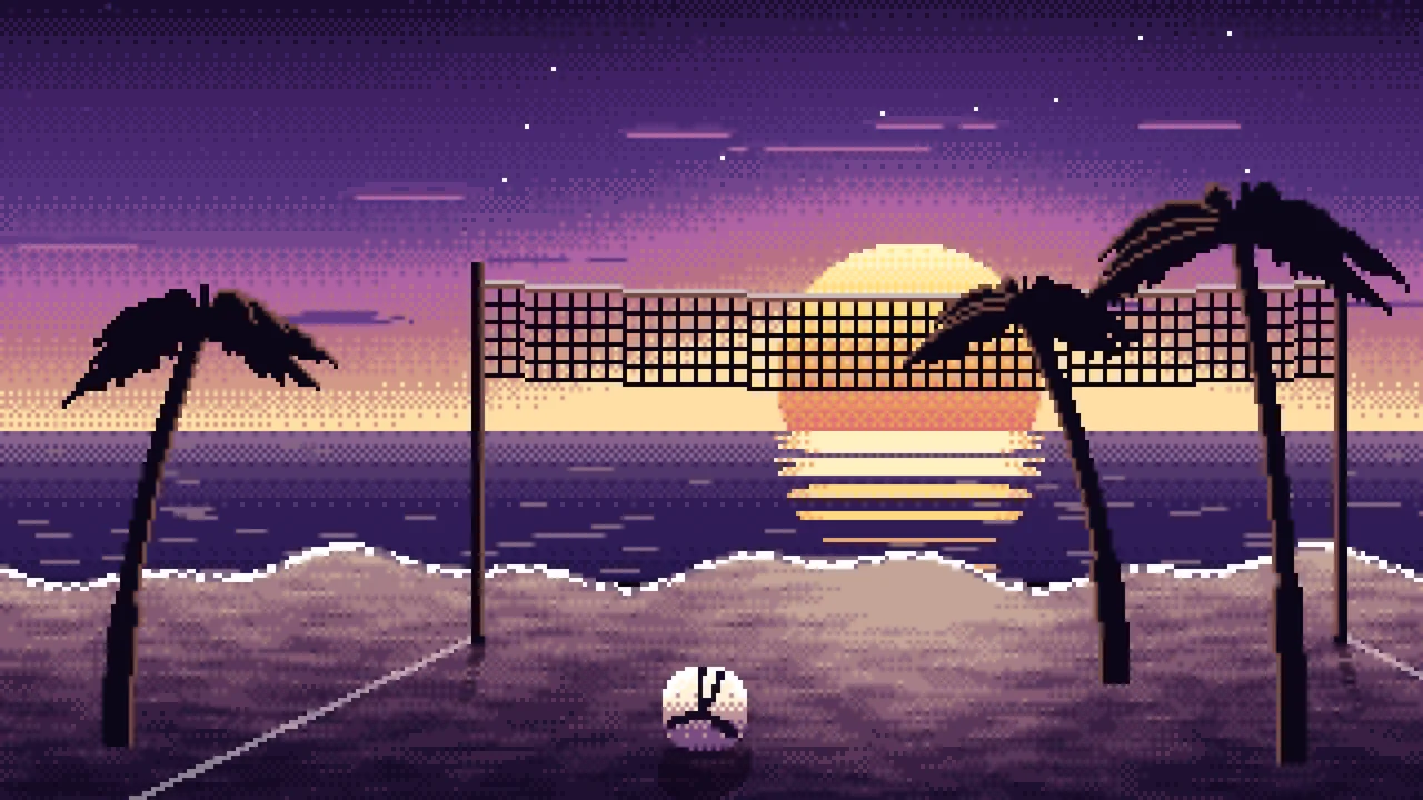 Dark Purple Pixel Art Beach Volleyball desktop wallpaper in 4K