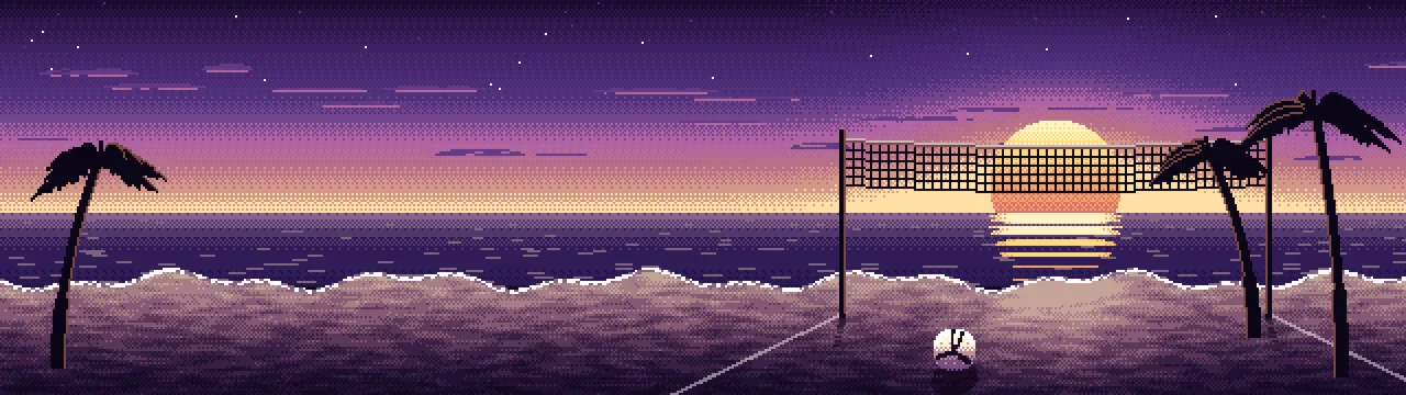 Dark Purple Pixel Art Beach Volleyball dual monitor wallpaper, 7680 × 2160