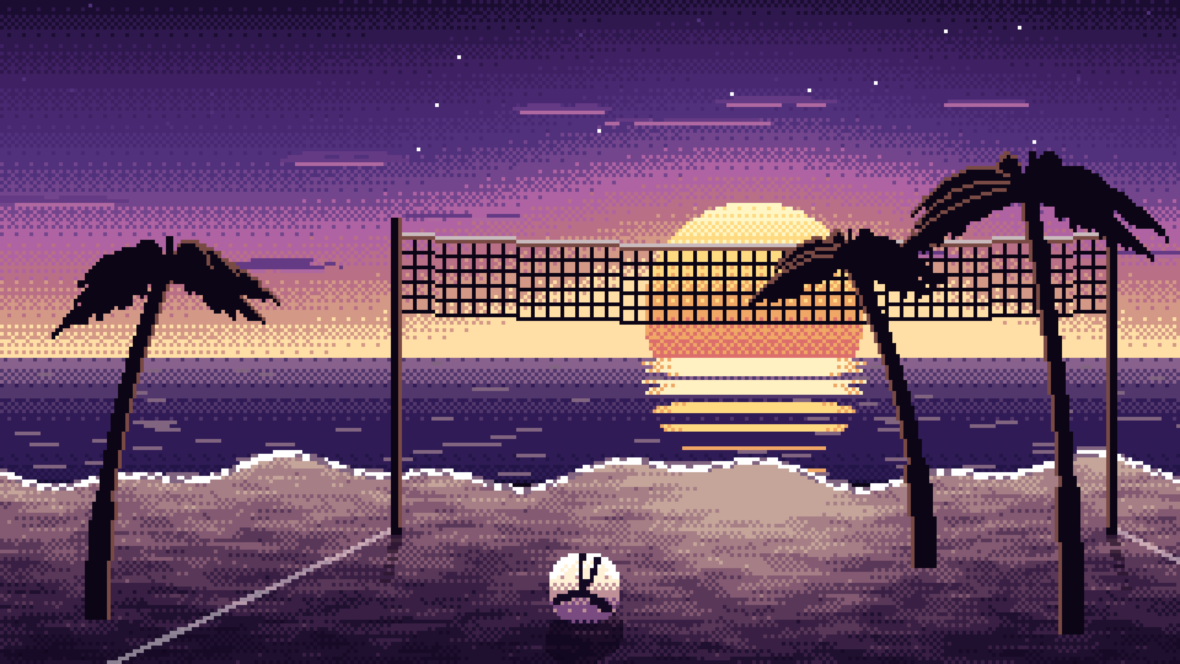 Dark Purple Pixel Art Beach Volleyball desktop wallpaper in 4K