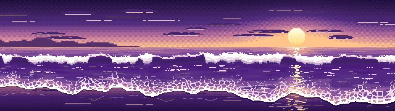 Dark Purple Pixel Art Beach Waves at Sunset dual monitor wallpaper, 7680 × 2160