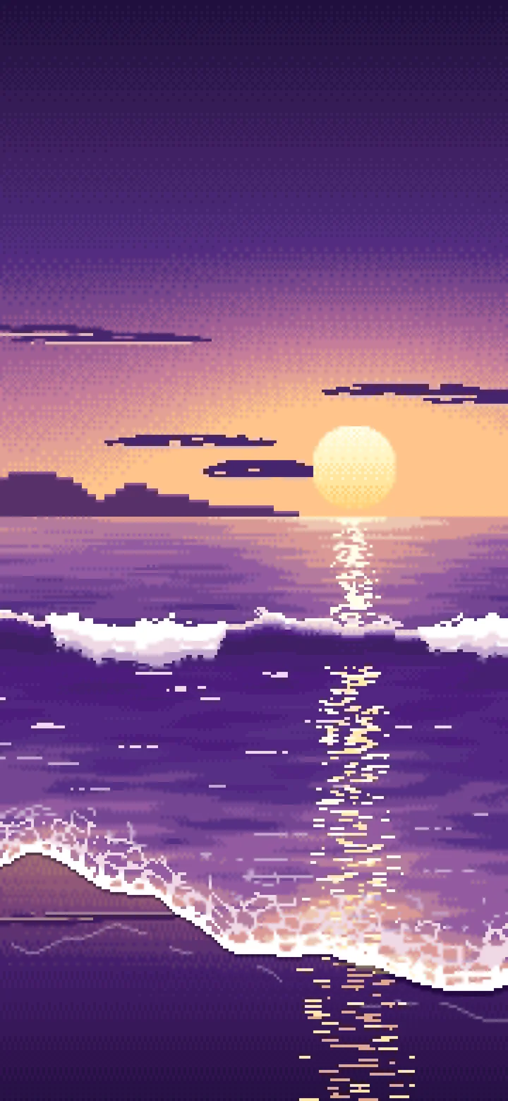 Dark Purple Pixel Art Beach Waves at Sunset wallpaper for iPhone and Android