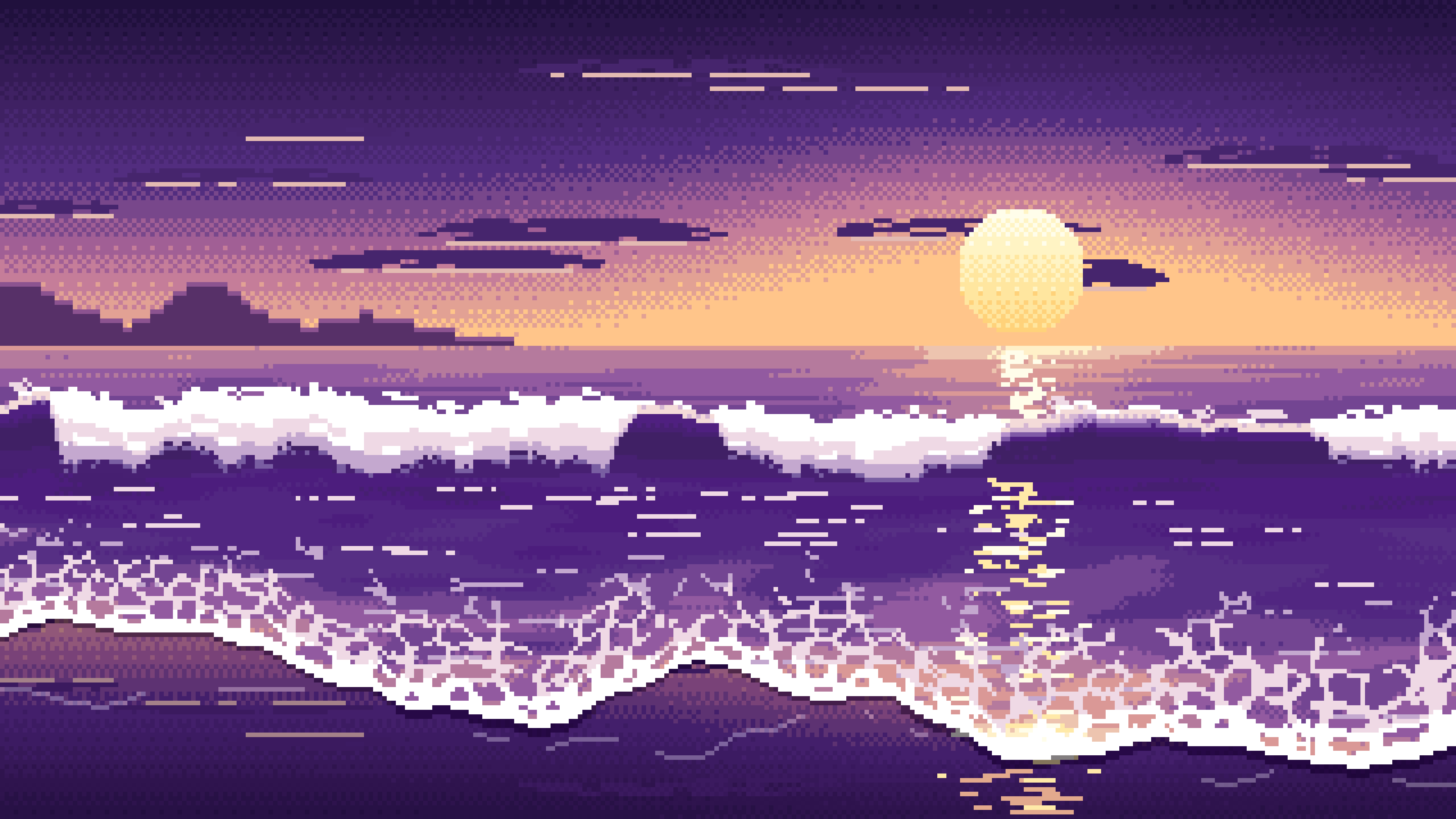 Dark Purple Pixel Art Beach Waves at Sunset desktop wallpaper in 4K