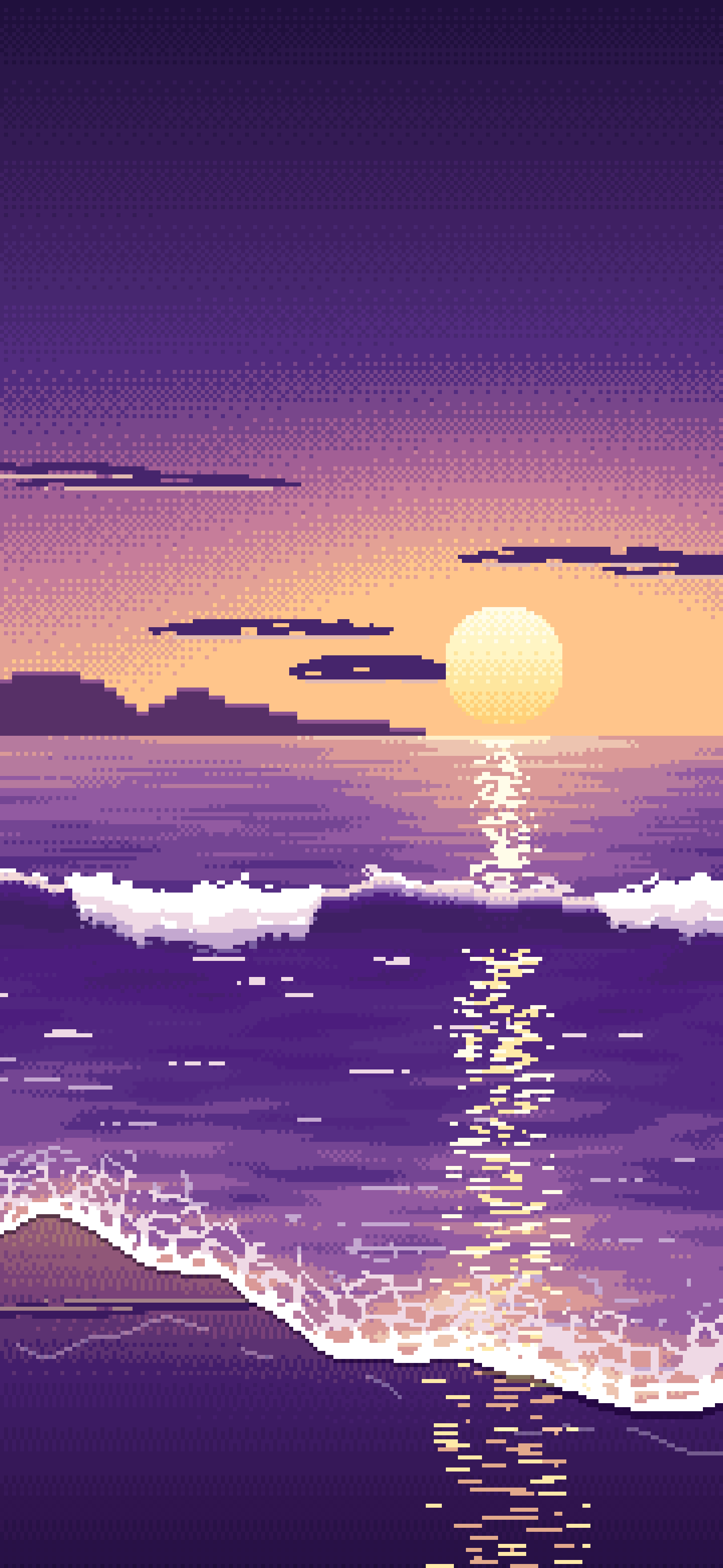 Dark Purple Pixel Art Beach Waves at Sunset wallpaper for iPhone and Android