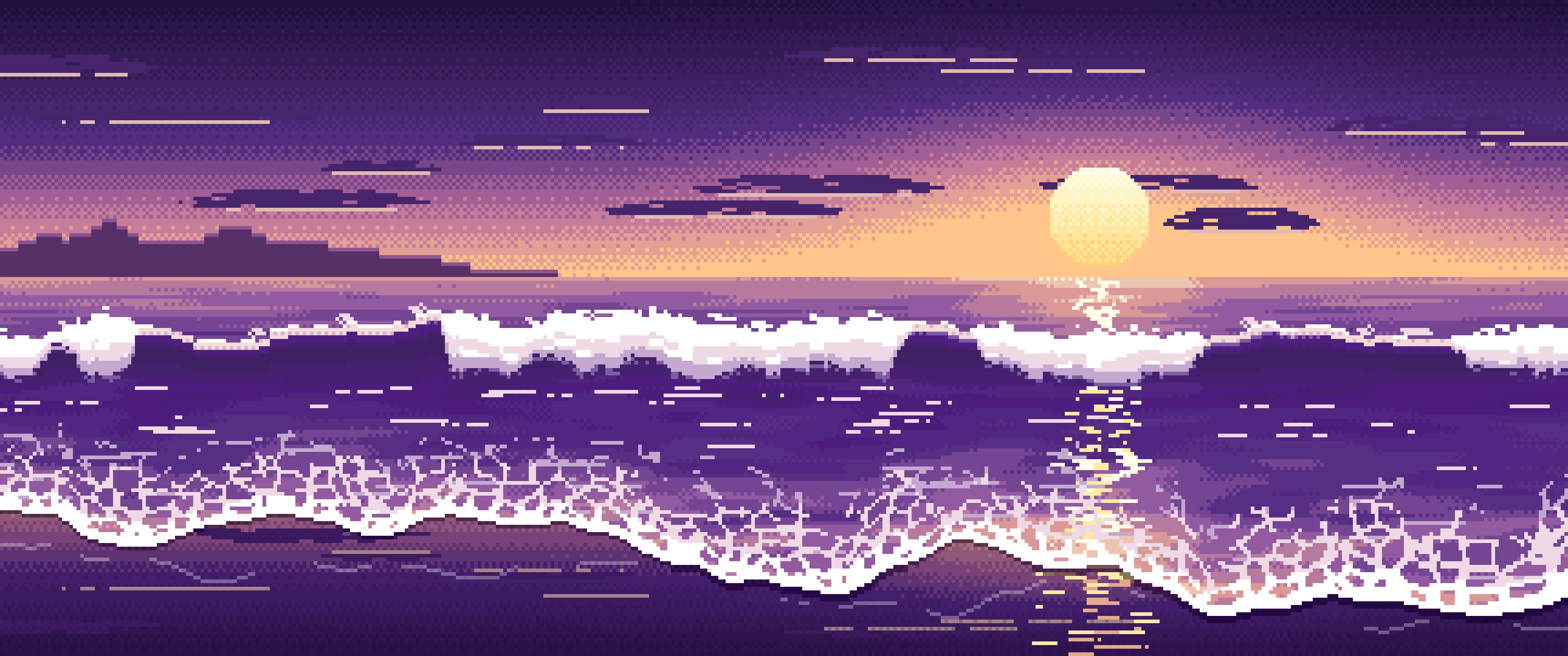 Dark Purple Pixel Art Beach Waves at Sunset ultrawide wallpaper, 3440 × 1440