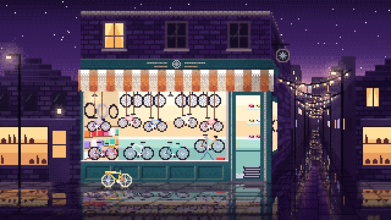 Dark Purple Pixel Art Bicycle Shop desktop wallpaper in 4K