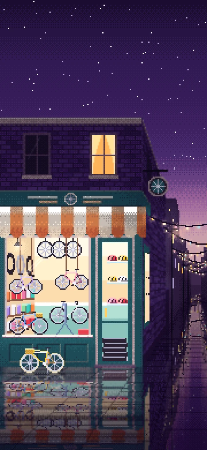 Dark Purple Pixel Art Bicycle Shop wallpaper for iPhone and Android