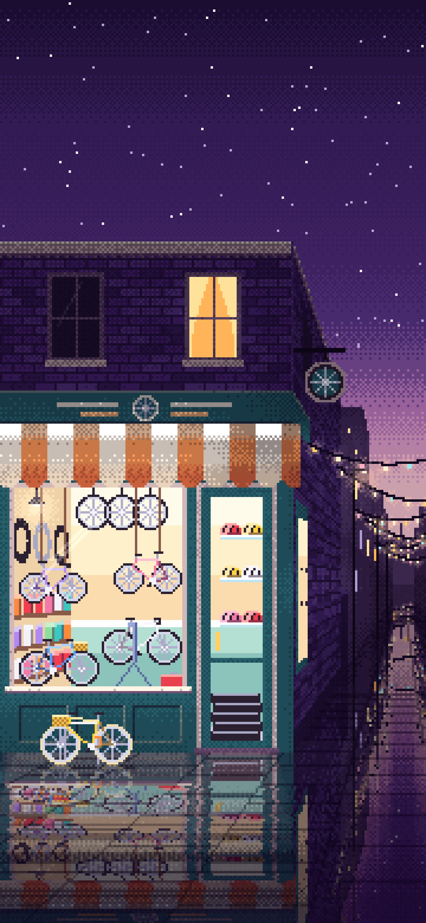 Dark Purple Pixel Art Bicycle Shop wallpaper for iPhone and Android