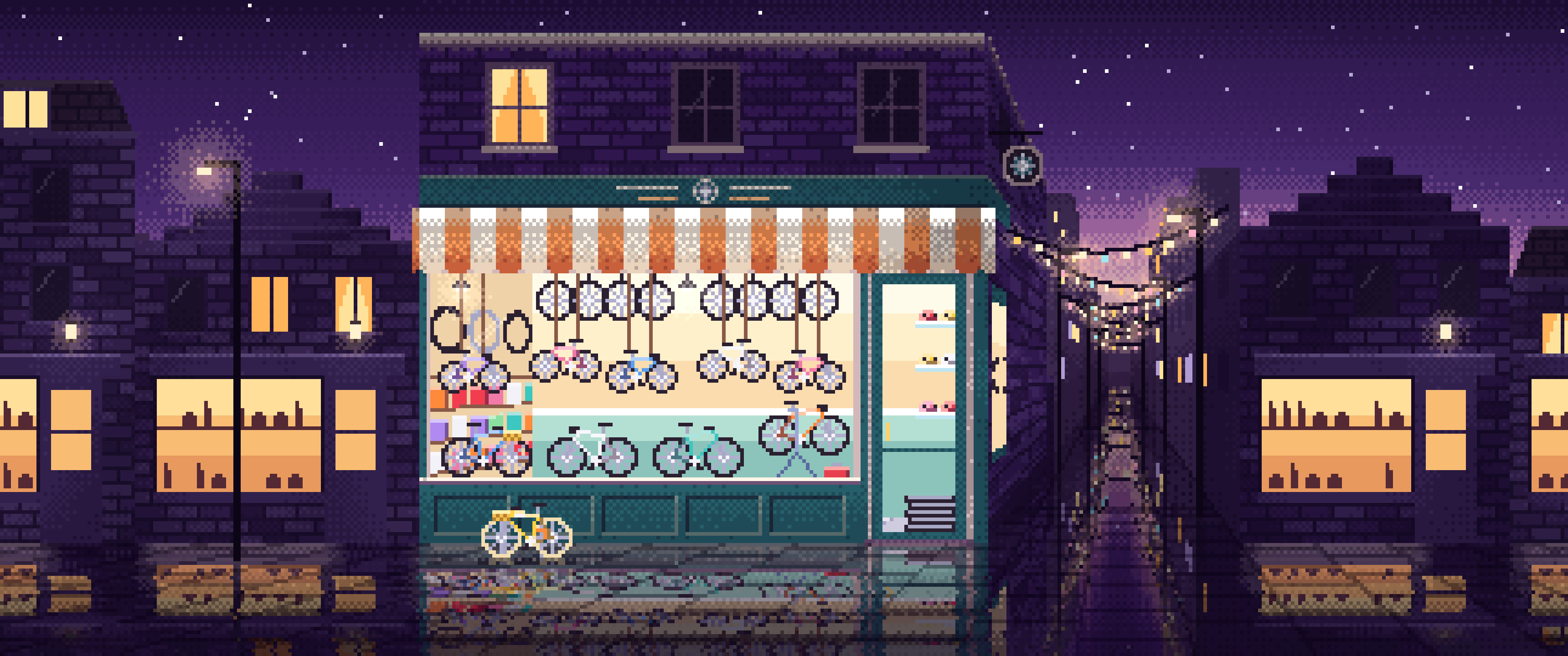 Dark Purple Pixel Art Bicycle Shop ultrawide wallpaper, 3440 × 1440