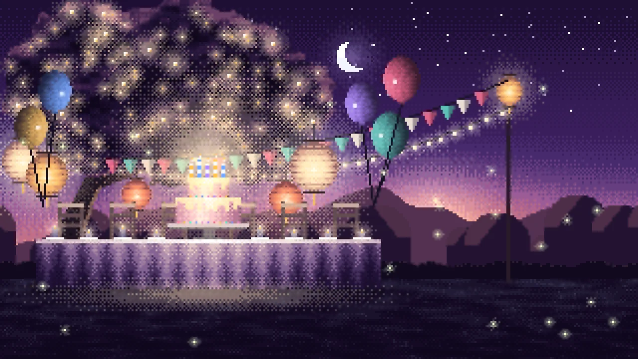 Dark Purple Pixel Art Birthday Garden Party desktop wallpaper in 4K