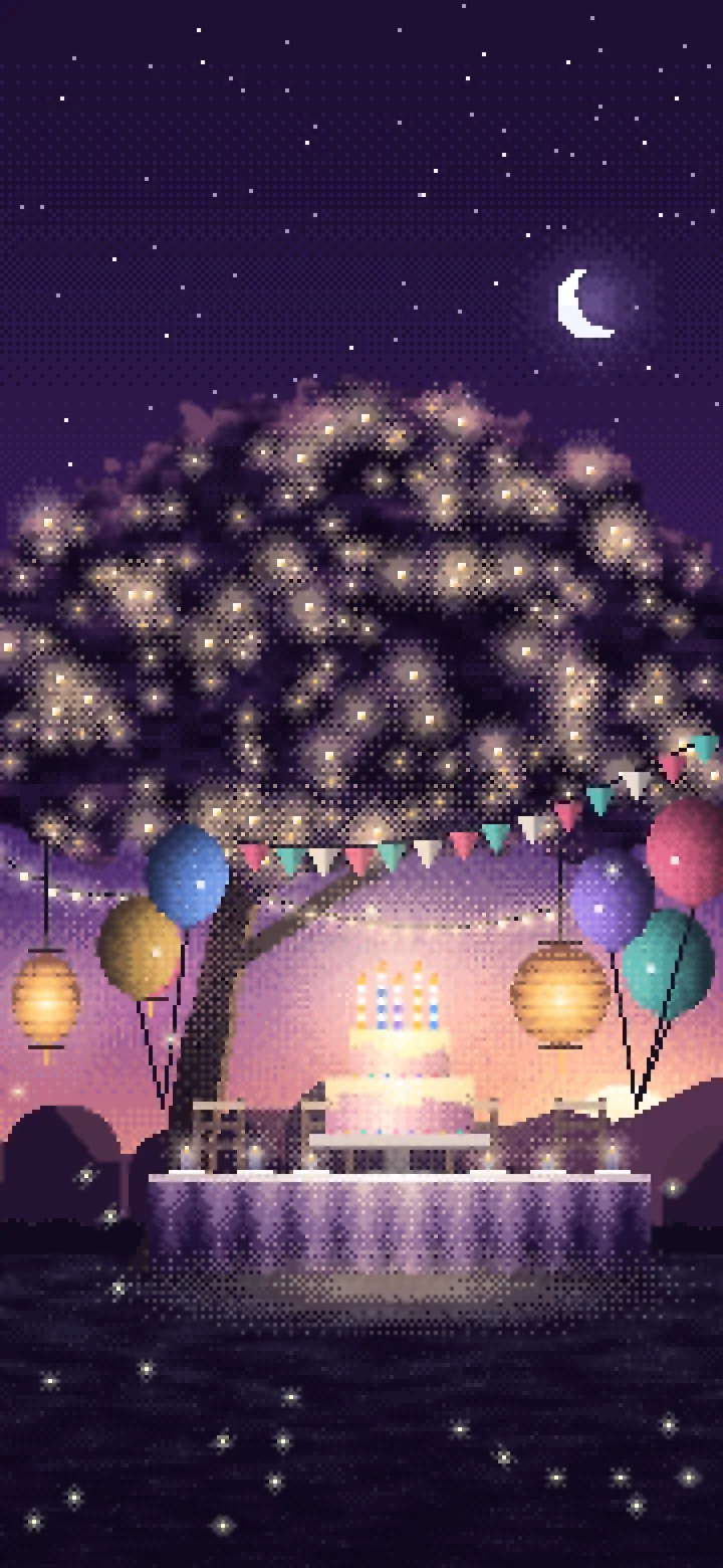 Dark Purple Pixel Art Birthday Garden Party wallpaper for iPhone and Android