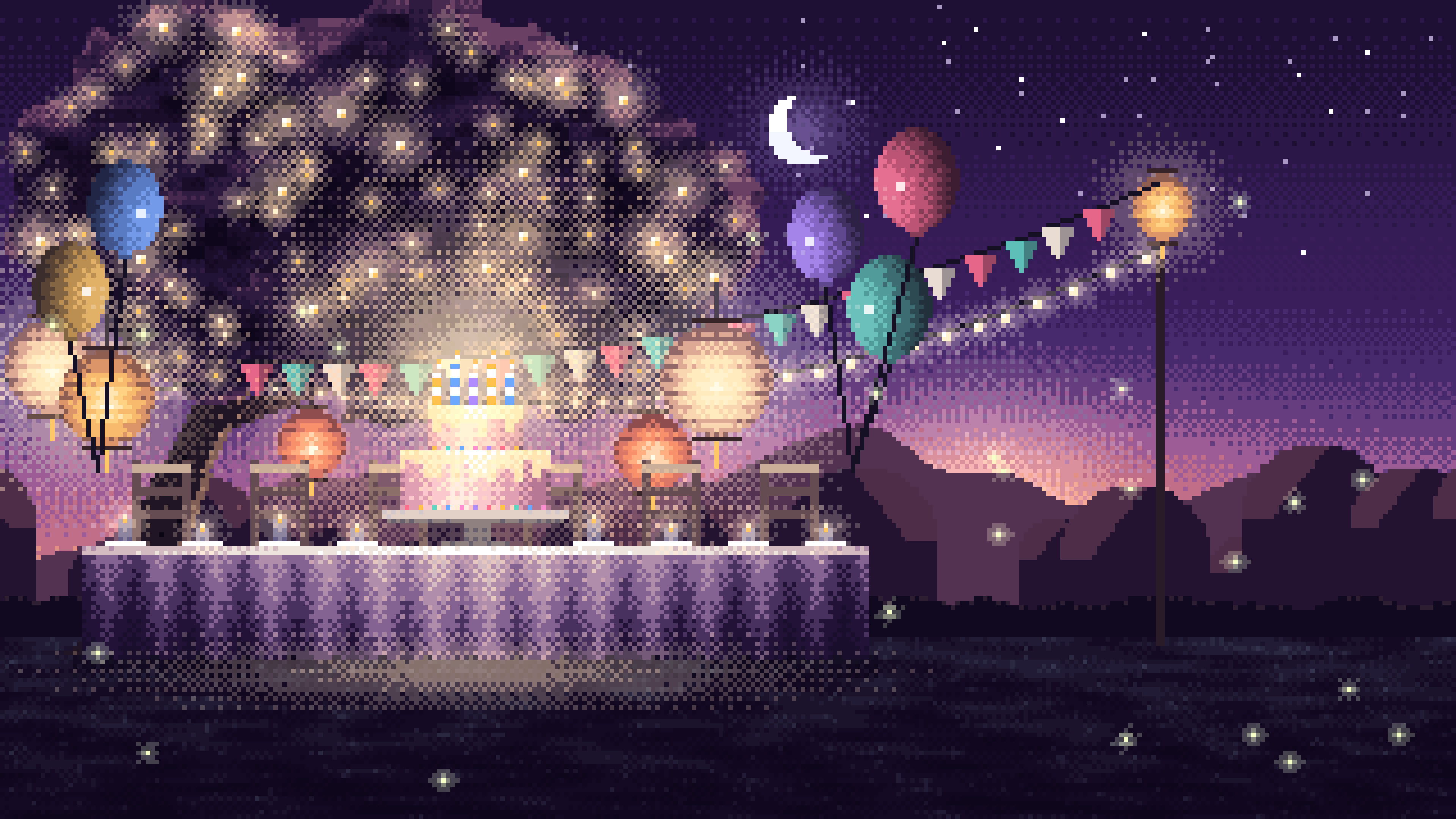 Dark Purple Pixel Art Birthday Garden Party desktop wallpaper in 4K
