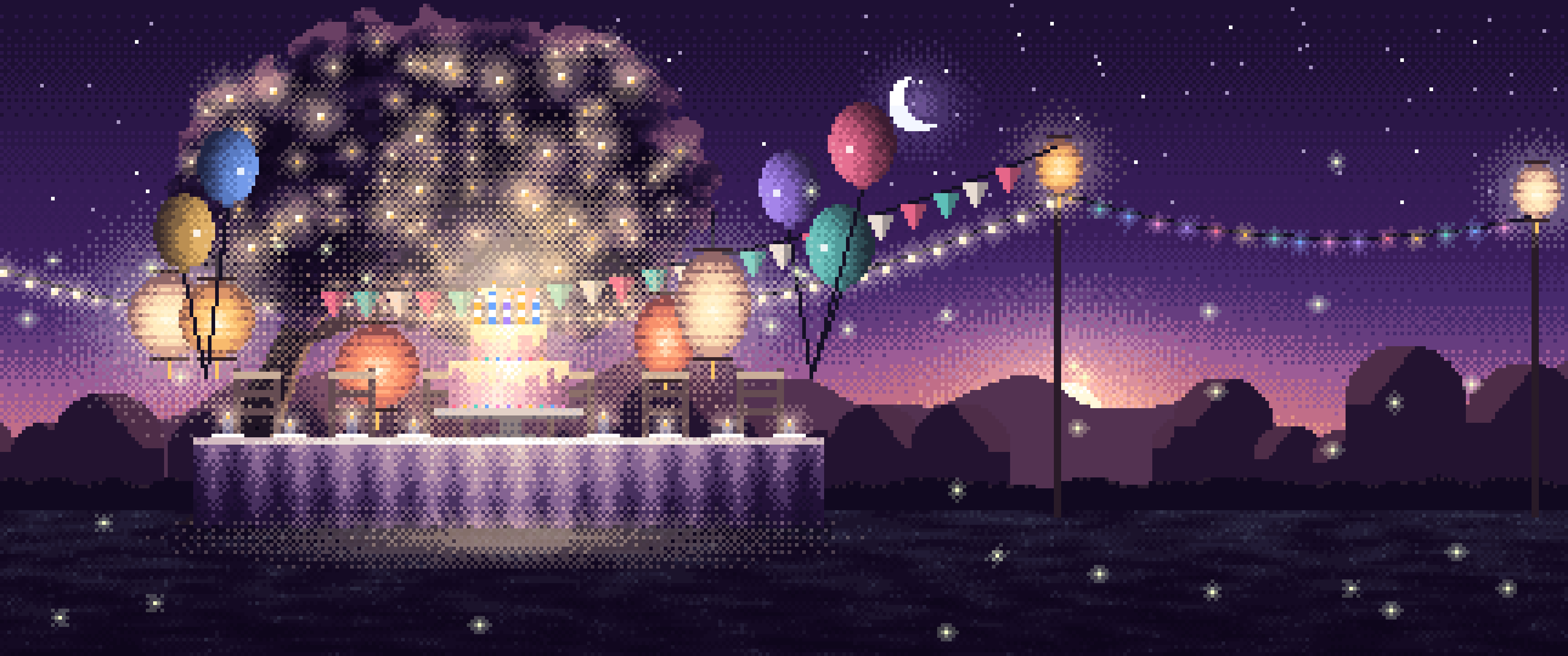 Dark Purple Pixel Art Birthday Garden Party ultrawide wallpaper, 3440 × 1440