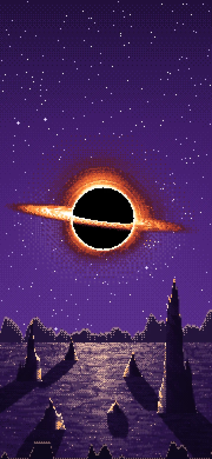 Dark Purple Pixel Art Black Hole Over an Alien World wallpaper for iPhone and Android