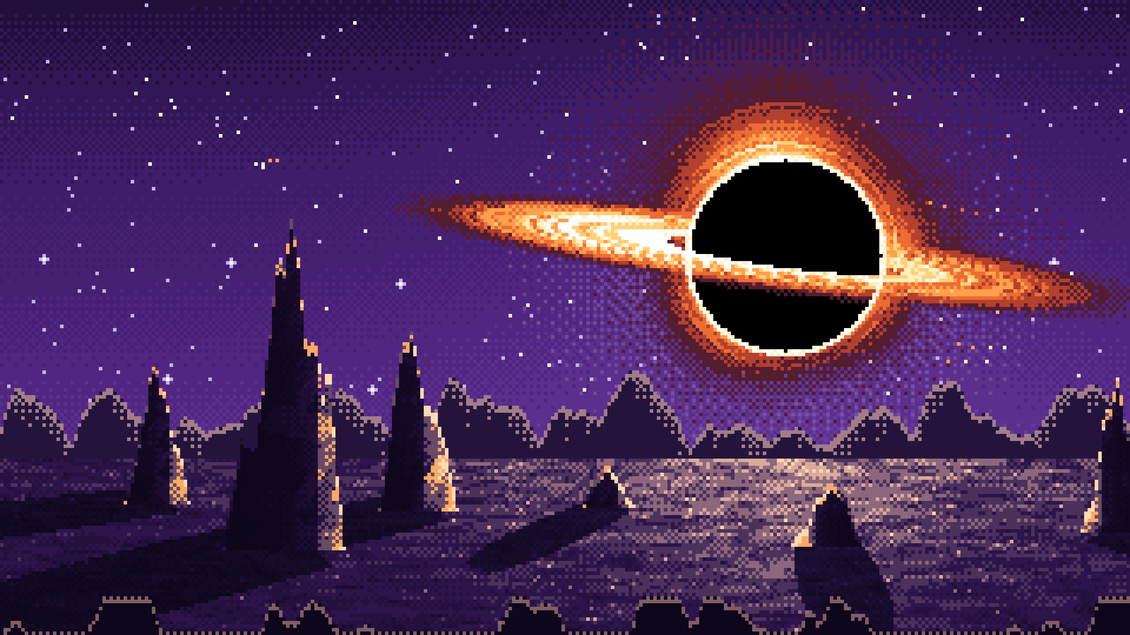 Dark Purple Pixel Art Black Hole Over an Alien World desktop wallpaper in 4K