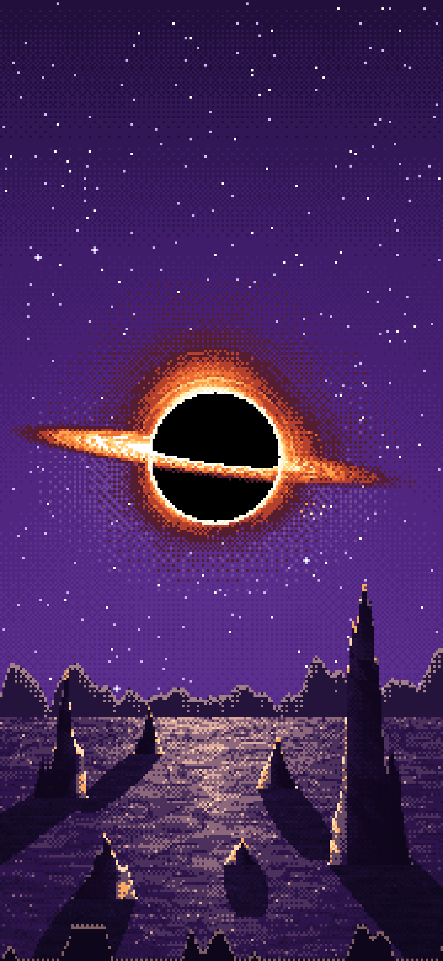 Dark Purple Pixel Art Black Hole Over an Alien World wallpaper for iPhone and Android