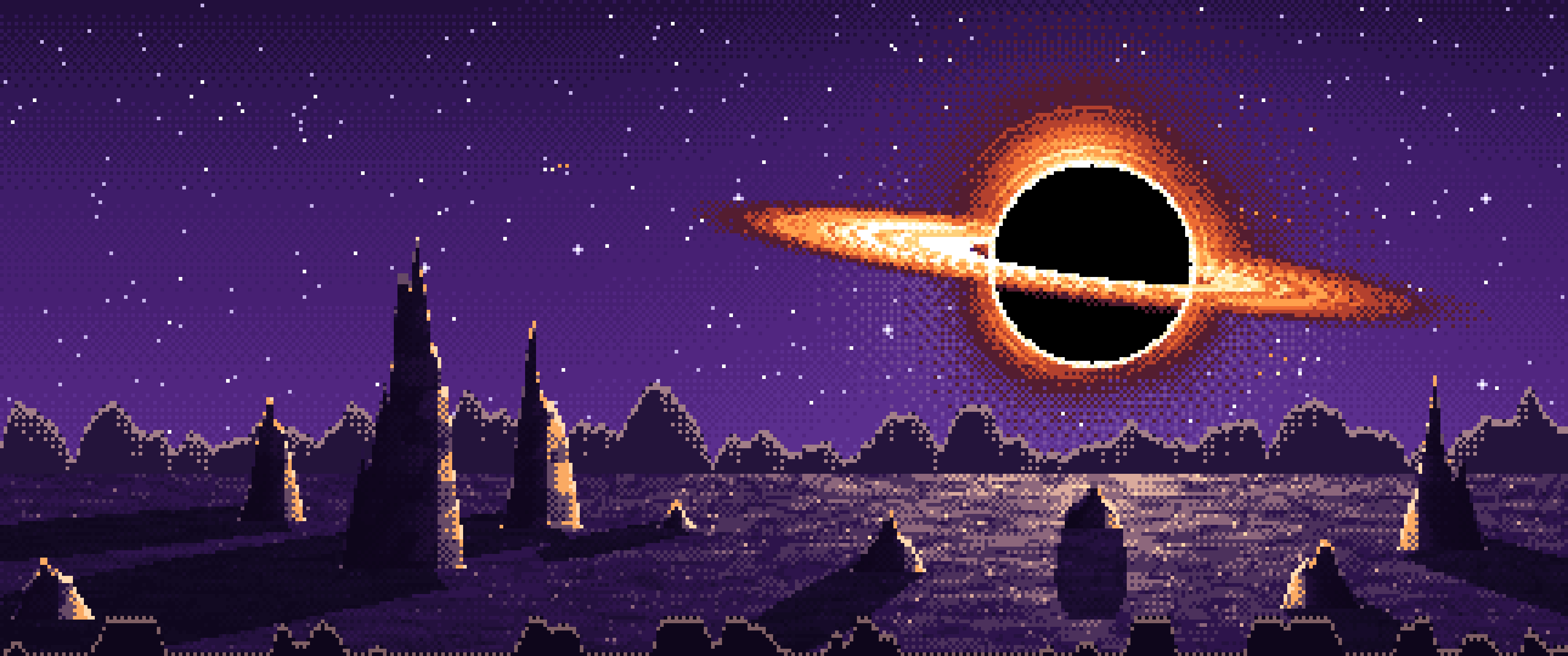 Dark Purple Pixel Art Black Hole Over an Alien World ultrawide wallpaper, 3440 × 1440