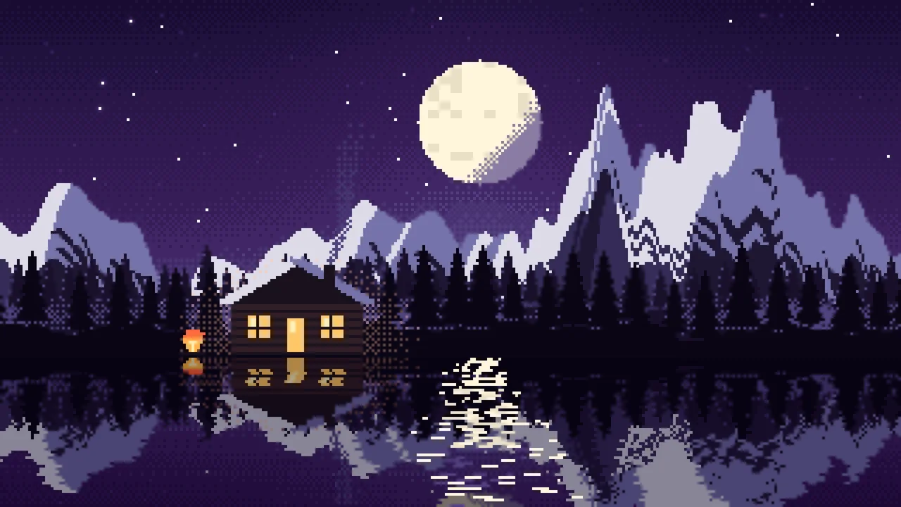 Dark Purple Pixel Art Cabin desktop wallpaper in 4K
