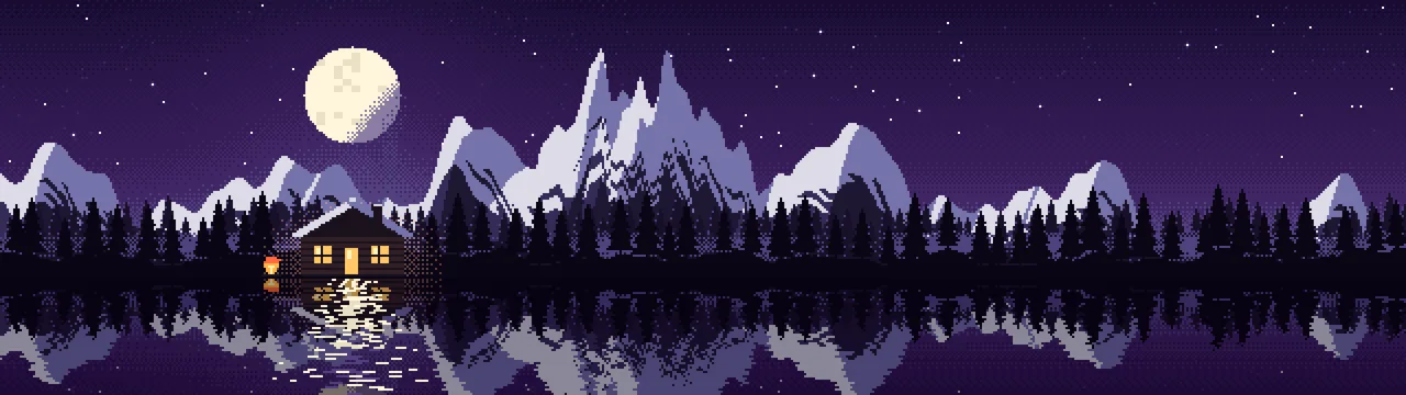 Dark Purple Pixel Art Cabin dual monitor wallpaper, 7680 × 2160