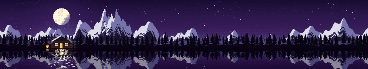 Dark Purple Pixel Art Cabin triple monitor wallpaper, 7680 × 1440