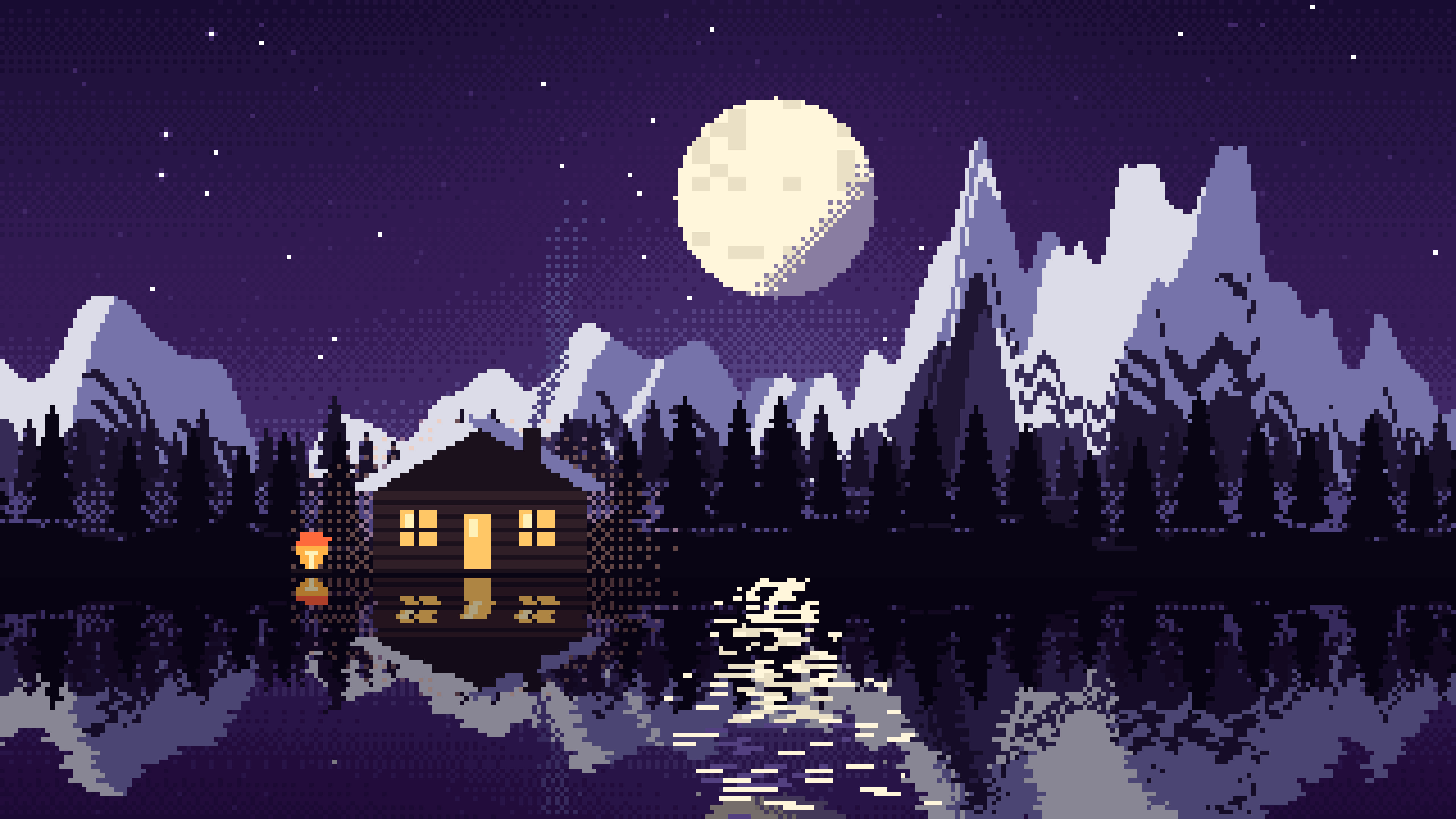 Dark Purple Pixel Art Cabin desktop wallpaper in 4K
