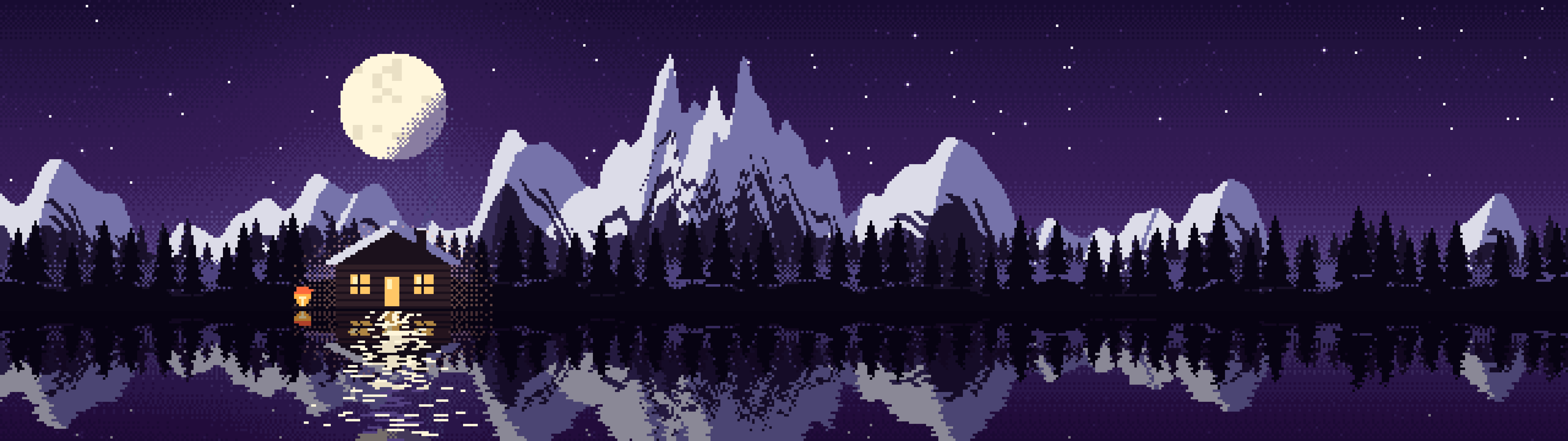 Dark Purple Pixel Art Cabin dual monitor wallpaper, 7680 × 2160