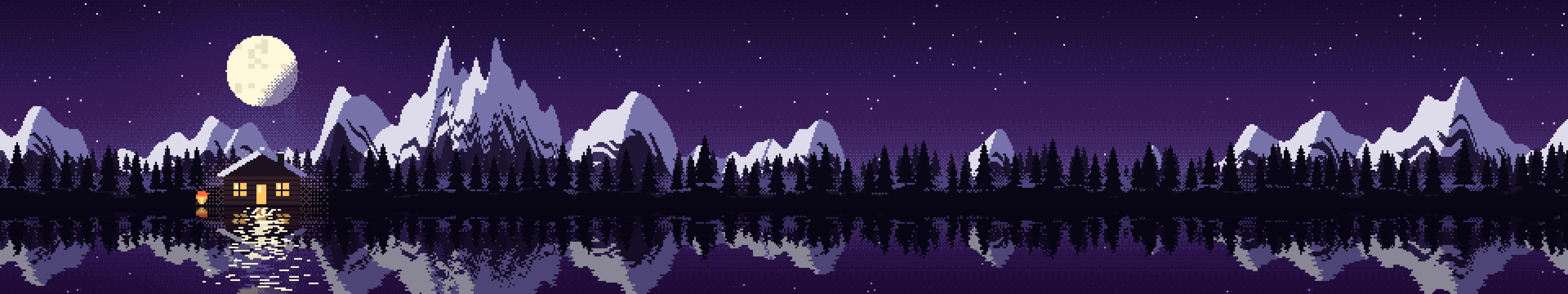 Dark Purple Pixel Art Cabin triple monitor wallpaper, 7680 × 1440