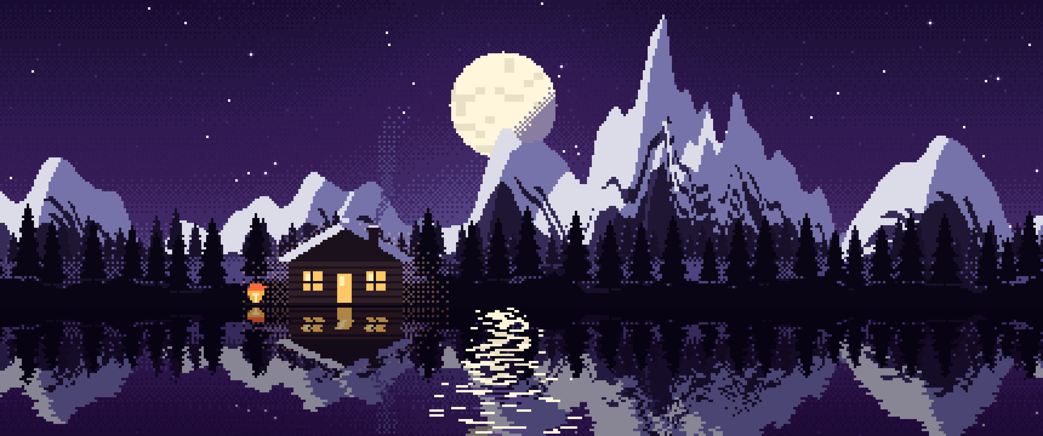 Dark Purple Pixel Art Cabin ultrawide wallpaper, 3440 × 1440