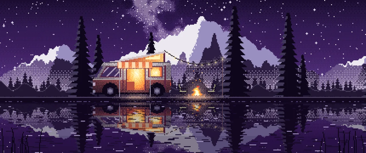 Dark Purple Pixel Art Camper Van Camping by a Lake at Night ultrawide wallpaper, 3440 × 1440
