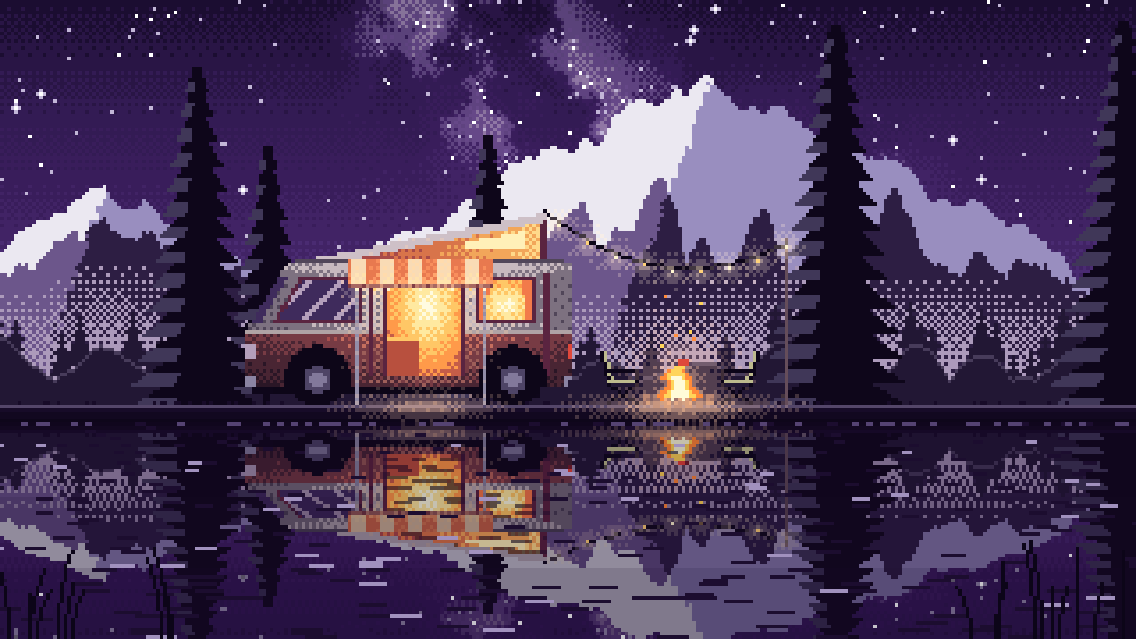 Dark Purple Pixel Art Camper Van Camping by a Lake at Night desktop wallpaper in 4K