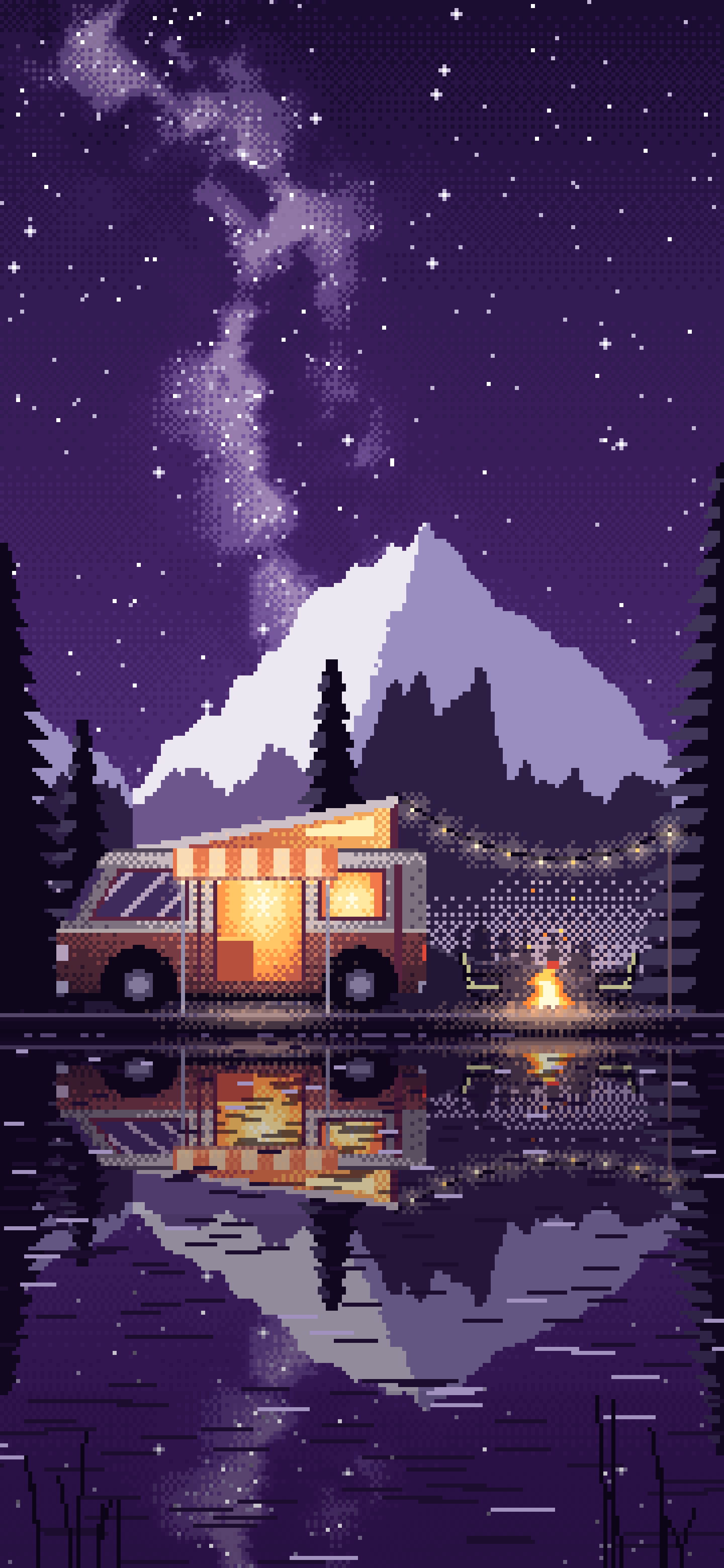 Dark Purple Pixel Art Camper Van Camping by a Lake at Night wallpaper for iPhone and Android