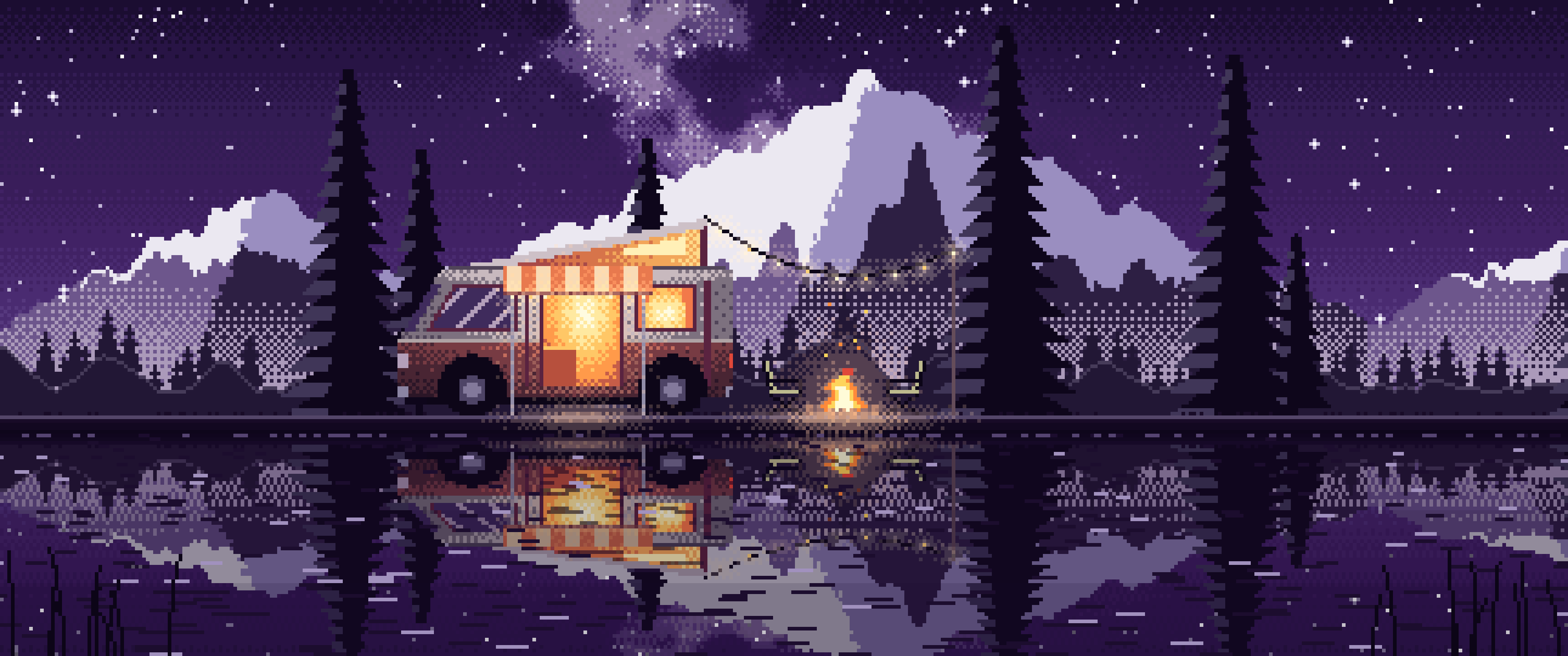 Dark Purple Pixel Art Camper Van Camping by a Lake at Night ultrawide wallpaper, 3440 × 1440