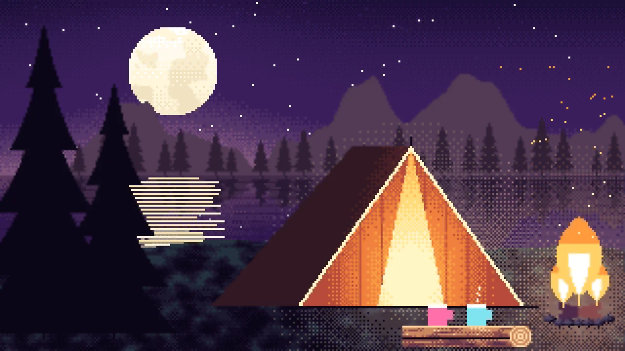 Dark Purple Pixel Art Campfire desktop wallpaper in 4K